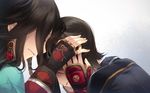  black_hair covering_ears earrings endend_(shinia) fingerless_gloves gloves hands_up horikawa_kunihiro izumi-no-kami_kanesada japanese_clothes jewelry long_hair male_focus multiple_boys parted_lips simple_background touken_ranbu upper_body wide_sleeves 