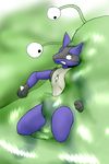  2016 absorption_vore anthro blue_fur digital_media_(artwork) fur goo lucario male mocri nintendo pok&eacute;mon simple_background slime solo video_games vore 