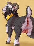  2016 anus black_hair brown_background brown_horn butt caprine collar female feral fur goat grey_fur hair hooves horn jewelry long_hair mammal marjani nude pink_nose pussy raised_leg raised_tail simple_background smile solo teats udders white_fur white_hair 