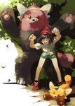  &gt;_&lt; alternate_color bangs bare_arms bare_legs beanie bear bent_over bewear black_hair bob_cut bracelet brown_eyes closed_eyes closed_mouth fingernails gen_7_pokemon green_shorts hat highres jewelry leaf leaning_forward looking_at_viewer mayo_cha mizuki_(pokemon) open_mouth parted_bangs paws pokemon pokemon_(creature) pokemon_(game) pokemon_sm red_hat shiny_pokemon shirt shoes short_hair short_sleeves shorts simple_background smile sneakers standing stufful tail teeth tied_shirt tongue tree white_background yellow_shirt z-ring 