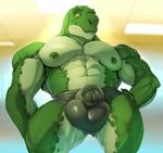  2016 abs absurd_res anthro armpits biceps big_muscles bulge clothed clothing digital_media_(artwork) dinosaur front_view green_eyes green_nipples hi_res justmegabenewell looking_at_viewer low-angle_view male muscular muscular_male nipple_piercing nipples pecs penis penis_outline piercing sharp_teeth solo standing teeth theropod tight_clothing topless tyrannosaurus_rex underwear 