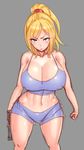  bare_shoulders blonde_hair blue_eyes breasts covered_nipples grey_background gun highres holding holding_gun holding_weapon huge_breasts long_hair looking_at_viewer metroid midriff navel ponytail samus_aran shorts simple_background solo sweat weapon wide_hips wolffeld 