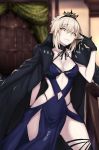  1girl akatsuki_ikki artoria_pendragon_(all) artoria_pendragon_(swimsuit_rider_alter) black_gloves black_jacket blue_dress blurry blurry_background braid breasts center_opening choker collarbone commentary_request cowboy_shot curtains dress fate/grand_order fate_(series) french_braid gloves grin highleg highleg_panties highres jacket lace large_breasts leg_garter multicolored multicolored_background open_clothes open_jacket panties smile solo thighhighs tiara underwear yellow_eyes 