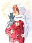  alternate_costume beanie blue_eyes blush breath casual gloves hands_up hanten_(clothes) hat izumi_noa japanese_clothes kidou_keisatsu_patlabor open_mouth profile red_hair scarf short_hair solo traditional_media upper_body ususionorisio watercolor_(medium) winter_clothes 