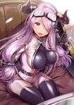  alternate_costume arm_support black_legwear blue_eyes breasts bursting_breasts cleavage_cutout draph from_above goggles granblue_fantasy hair_ornament hair_over_one_eye horns impossible_clothes large_breasts lavender_hair lips long_hair narmaya_(granblue_fantasy) ono_misao open_mouth pointy_ears sidelocks sitting skin_tight skindentation solo spandex thighhighs tongue very_long_hair 