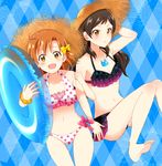  :d ahoge bare_shoulders barefoot bikini black_hair blush breasts brown_eyes cleavage hat idolmaster idolmaster_million_live! jewelry kisaragi_ichigo kitazawa_shiho locked_arms long_hair looking_at_viewer medium_breasts multiple_girls navel necklace open_mouth orange_hair short_hair smile straw_hat swimsuit wristband yabuki_kana 