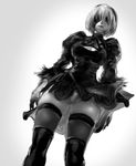  blindfold boots breasts cleavage cleavage_cutout closed_mouth covered_eyes covered_nipples dress feather-trimmed_sleeves from_below gloves greyscale juliet_sleeves long_sleeves mole mole_under_mouth monochrome negresco nier_(series) nier_automata panties pantyshot pantyshot_(standing) puffy_sleeves short_hair simple_background skindentation skirt solo standing thigh_boots thighhighs thighhighs_under_boots thighs turtleneck underwear yorha_no._2_type_b 