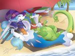  2016 ambiguous_gender armor beach blue_hair claws clothing cosplay day detailed_background dinogoat duo eddy_(eduymario) eyes_closed feathers feral flygon hair happy hat hybrid long_hair male nintendo overwatch pok&eacute;mon primarina red_mage sand seaside semi-anthro serperior signature umbrella video_games water watermark 