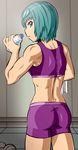  aqua_eyes aqua_hair ass bike_shorts bottle cowboy_shot dimples_of_venus dumbbell from_behind highres holding indoors looking_back muscle muscular_female parted_lips profile purple_shirt purple_shorts sei_(va-11_hall-a) shirt short_hair shorts solmoniq solo standing sweat tank_top towel va-11_hall-a water_bottle 