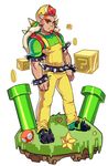  +_+ 1boy arm_hair armband backpack bag belt bowser bracelet claws coin facial_hair fangs goatee grass green_shirt hat highres horns jewelry male_focus mario_(series) muscle mushroom oskar_vega overalls personification question_block red_eyes red_hair shell shirt sparkling_eyes spiked_belt spiked_bracelet spiked_shell spikes starman_(mario) super_mario_bros. super_mushroom t-shirt thick_eyebrows turtle_shell warp_pipe 