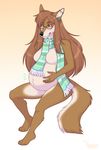  2016 anthro belly big_belly big_breasts breasts brown_eyes brown_fur brown_hair canine ear_piercing eyewear featureless_breasts female fur glasses hair hand_on_stomach long_hair mammal mostly_nude nycket piercing pregnant scard sitting smile solo xanderblaze 