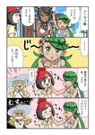  ... 4girls beanie black_eyes black_hair blonde_hair blush closed_eyes comic commentary dark_skin green_eyes green_hair hand_on_another's_cheek hand_on_another's_face hat jealous lillie_(pokemon) lychee_(pokemon) mao_(pokemon) mizuki_(pokemon) multiple_girls naradesukedo pokemon pokemon_(game) pokemon_sm pout red_hat shaded_face spoken_ellipsis translated yuri 