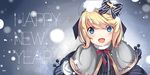  :d blonde_hair blue_bow blue_dress blue_eyes blue_gloves blue_ribbon blush bow capelet dress eyebrows_visible_through_hair from_above gloves happy_new_year hat hat_bow jacknavy looking_at_viewer looking_up mittens new_year open_mouth red_bow red_ribbon ribbon short_hair smile snow snowing solo text_focus white_hat z16_friedrich_eckoldt_(zhan_jian_shao_nyu) zhan_jian_shao_nyu 