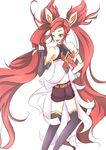  alternate_costume alternate_hair_color alternate_hairstyle elbow_gloves fingerless_gloves gloves jinx_(league_of_legends) league_of_legends long_hair magical_girl red_hair solo star_guardian_jinx thighhighs tied_hair twintails very_long_hair wink 