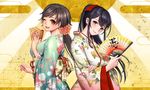  2girls ;d bangs black_hair blush breasts brown_eyes brown_hair character_request egasumi ema eyebrows_visible_through_hair fan fingernails floral_print folding_fan gradient green_kimono grin hair_ornament hair_scrunchie heart high_ponytail highres holding holding_fan japanese_clothes kimono lipstick long_hair long_sleeves looking_at_viewer makeup masami_chie medium_breasts multiple_girls nengajou new_year obi one_eye_closed open_mouth ponytail purple_eyes sash scrunchie sidelocks silver_hair smile sun_(symbol) swept_bangs teeth tokyo_exe_girls tongue translation_request upper_body white_kimono wide_sleeves yoyogi_akari 