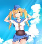  absurdres arms_up blonde_hair blue_background blue_eyes blue_hat blue_sky bodysuit breasts cloud collarbone condensation_trail cowboy_shot day garrison_cap grin hat highres johnston_(zhan_jian_shao_nyu) lipstick long_hair looking_at_viewer makeup playing_with_own_hair qiancong sailor_collar sarong shirt short_sleeves shorts signature sky small_breasts smile solo standing teeth twintails white_shirt zhan_jian_shao_nyu 