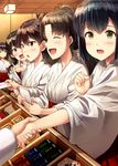  5girls alternate_costume arrow ayanami_(kantai_collection) black_hair blush braid brown_eyes brown_hair closed_eyes collarbone ema envelope eyebrows_visible_through_hair fubuki_(kantai_collection) green_eyes hakama hamaya holding_hand ichikawa_feesu indoors isonami_(kantai_collection) japanese_clothes kantai_collection kimono looking_at_another miko multiple_girls omamori open_mouth ponytail reaching_out red_hakama shikinami_(kantai_collection) shiny shiny_hair spread_fingers uranami_(kantai_collection) white_kimono wide_sleeves yellow_eyes 