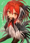  antenna_hair bangs black_gloves black_legwear blush bob_(biyonbiyon) commentary_request elbow_gloves flying_sweatdrops gloves green_background hair_between_eyes happy_new_year highres looking_at_viewer new_year open_mouth orange_eyes original pantyhose red_hair rooster_costume shouting simple_background solo speech_bubble 