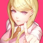  ahoge akamatsu_kaede backpack bag bangs beamed_sixteenth_notes blonde_hair brown_neckwear closed_mouth collared_shirt danganronpa eighth_note eyebrows_visible_through_hair eyelashes index_finger_raised katorius lips long_hair long_sleeves looking_at_viewer musical_note musical_note_hair_ornament necktie new_danganronpa_v3 outstretched_arm pink_background pointing pointing_at_viewer purple_eyes quarter_note shirt simple_background solo swept_bangs upper_body white_shirt 