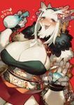  1girl 2017 bird breasts copyright_request furry huge_breasts japanese_clothes open_mouth rikose rooster sake year_of_the_rooster 