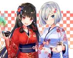  :d black_hair blue_eyes blush bow checkered checkered_background commentary_request floral_print hair_bow hair_ornament hair_over_one_eye hair_ribbon hairclip hamakaze_(kantai_collection) i-class_destroyer isokaze_(kantai_collection) japanese_clothes kantai_collection kimono long_hair looking_at_viewer multiple_girls nanotaro open_mouth red_eyes ribbon short_hair silver_hair smile tress_ribbon v-shaped_eyebrows yukata 