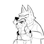  2016 al_(weaver) anthro baring_teeth canine caprine clothed clothing disney drooling duo fur grabbing hand_on_shoulder hooves male mammal monochrome pack_street remmy_cormo replytoanons saliva sheep size_difference teeth text wolf wool zootopia 