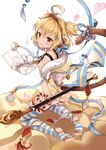  andira_(granblue_fantasy) animal_ears arms_at_sides ass bare_shoulders barefoot blonde_hair breasts detached_sleeves erune from_behind granblue_fantasy hair_between_eyes highres light_smile looking_at_viewer monkey_ears monkey_tail red_eyes short_hair small_breasts soles solo striped striped_legwear tail thighhighs toeless_legwear toes two_side_up xuan_chu 