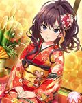  alternate_costume alternate_hairstyle artist_request ball blue_eyes brown_hair checkered hair_ornament ichinose_shiki idolmaster idolmaster_cinderella_girls japanese_clothes kimono long_hair official_art paper_balloon ponytail smile solo temari_ball wavy_hair 