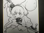  absurdres arm_behind_back bow drawing_sword dual_wielding flower futa_(nabezoko) ghost greyscale hair_bow hairband highres holding katana konpaku_youmu konpaku_youmu_(ghost) long_sleeves monochrome photo sheath shikishi shirt short_hair short_sword skirt solo sword sword_behind_back touhou traditional_media unsheathed unsheathing vest wakizashi weapon white_background 