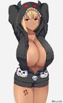  areola_slip areolae arms_behind_head arms_up blonde_hair breasts center_opening cleavage collarbone commentary_request cowboy_shot dark_skin eyelashes eyeshadow gyaru highres hood hoodie huge_breasts kloah looking_at_viewer makeup naked_hoodie number open_clothes open_hoodie original parted_lips red_eyes short_hair skull_print solo tattoo triangle_mouth twitter_username 