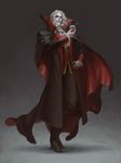  absurdres blood boots cape castlevania coat dracula european_clothes full_body goblet grey_background grey_hair hand_on_hip highres holding licking male_focus signature simple_background solo vampire zhoujialin 