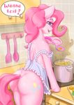  2017 absurd_res alcor90 butt cutie_mark dialogue earth_pony english_text equine female feral food friendship_is_magic fur hair hi_res hooves horse inside kitchen looking_at_viewer mammal my_little_pony open_mouth pink_fur pink_hair pinkie_pie_(mlp) pony solo spatula text 