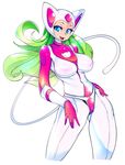  big_breasts blue_eyes breasts cat_costume clothed clothing costume female green_hair hair human humanoid kitty-n mammal navel simple_background slugbox solo spandex tight_clothing video_games white_background 