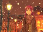  :d bare_tree building coat commentary_request lamppost morisawa_haruyuki night open_clothes open_coat open_mouth original plaid plaid_scarf scarf school_uniform smile snowing solo tree 
