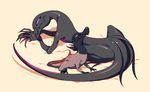  gen_7_pokemon ko-on_(ningen_zoo) lizard lizard_tail no_humans pokemon pokemon_(creature) purple_eyes salandit salazzle simple_background slit_pupils smile tail twitter_username yellow_background 