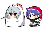  :3 animal_ears bird blue_hair blush chibi chicken chicken_costume doremy_sweet grey_hair hat kishin_sagume multiple_girls nightcap pom_pom_(clothes) red_eyes seiza single_wing sitting sweat t_t tail tapir_ears tapir_tail touhou twumi wings 