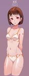  android arms_behind_back bra breasts brown_hair cleavage looking_at_viewer medium_breasts original panties purple_background red_eyes salmon88 short_hair simple_background solo underwear white_bra white_panties 