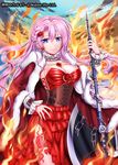  axe bloody_mary_(shinkai_no_valkyrie) chain corset dress feng_jianri fire floral_print flower jewelry necklace pink_hair purple_eyes red_dress rose rose_print shinkai_no_valkyrie solo weapon 