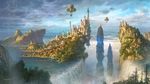 boat building castle cityscape cliff cloud day fantasy harbor highres hot_air_balloon k-takano no_humans original scenery sky tree water watercraft waterfall 