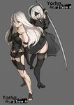  android back-to-back barefoot black_dress black_footwear black_legwear blindfold boots brown_eyes dress elbow_gloves gloves hairband high_heels highres ihavetwoooo katana long_hair looking_back multiple_girls nier_(series) nier_automata robot_joints short_hair short_shorts shorts side_slit sword tank_top thigh_boots thighhighs thighs toeless_legwear toes weapon white_hair yorha_no._2_type_b yorha_type_a_no._2 