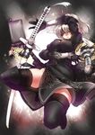  ayyh black_dress black_footwear black_gloves black_legwear blindfold boots breasts cleavage_cutout covered_eyes dress full_body gloves highres jumping katana knee_boots large_breasts magic_circle nier_(series) nier_automata panties parted_lips pod_(nier_automata) robot short_hair sword thighhighs underwear vambraces weapon white_hair white_panties yorha_no._2_type_b 
