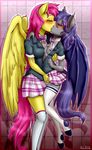  2017 absurd_res anibaruthecat anthro areola bat_pony bat_wings blush breasts clothed clothing duo equine eyes_closed fan_character feathered_wings feathers female female/female hair hi_res legwear mammal membranous_wings my_little_pony nipples open_mouth panties pegasus pink_hair pink_tail purple_hair purple_tail skirt underwear wings yellow_feathers 