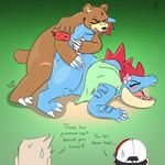  2015 bear being_watched blush brown_fur claws clothing crocodilian cum digital_media_(artwork) english_text female feral feraligatr fur holding_tail lizard male mammal nintendo nude open_mouth pok&eacute;mon pok&eacute;mon_trainer reptile scalie sex simple_background sinicalsix teeth text tongue ursaring video_games 