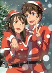  1girl alternate_costume black_hair blue_eyes blush braid brown_eyes brown_hair chiharu_(9654784) christmas_tree commentary_request couple eye_contact french_braid hair_ribbon hand_on_another's_face hat hetero highres holding_hands interlocked_fingers kimi_no_na_wa long_hair looking_at_another miyamizu_mitsuha older open_mouth red_ribbon ribbon santa_costume santa_hat snowing spoilers sweatdrop tachibana_taki v 