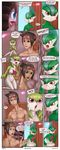  2017 absurd_res after_sex areola black_hair blue_eyes breasts brown_eyes comic english_text female gallade gardevoir gothitelle hair hi_res human male mammal masterploxy nintendo nipples open_mouth pok&eacute;mon purple_eyes pussy pussy_juice red_eyes text tongue video_games 