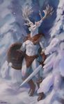  2017 abs albino anthro antlers boots cervine chunie clothed clothing day deer detailed_background digital_media_(artwork) footwear fur gloves hi_res holding_object holding_weapon horn loincloth male mammal melee_weapon muscular muscular_male outside pecs red_eyes shield snow solo standing sword tree weapon white_fur 