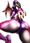  1girl ass bodysuit breasts brown_hair cameltoe capcom erect_nipples eyepatch fingernails from_behind glowing glowing_eye han_juri huge_ass large_breasts looking_at_viewer nail_polish numb open_mouth purple_eyes sharp_fingernails shiny shiny_clothes shiny_hair short_hair skin_tight smile solo street_fighter street_fighter_v tongue tongue_out 
