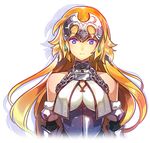  armor back-to-back bare_shoulders blonde_hair breasts chain closed_mouth expressionless fate/grand_order fate_(series) headpiece jeanne_d'arc_(fate) jeanne_d'arc_(fate)_(all) long_hair looking_at_viewer medium_breasts multiple_girls purple_eyes solo_focus upper_body yurizuka_(sergeant_heart) 
