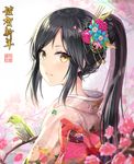  bird black_hair blurry brown_eyes cherry_blossoms commentary_request depth_of_field flower hair_flower hair_ornament happy_new_year japanese_clothes japanese_white-eye kanzashi kimono long_hair looking_back new_year obi original parted_lips ponytail rin_yuu sash sidelocks smile solo upper_body yellow_eyes 