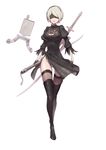  arms_at_sides bangs black_dress black_footwear black_gloves black_legwear blindfold boots breasts cleavage covered_eyes dress facing_viewer full_body gloves hairband highres holding holding_sword holding_weapon katana large_breasts liu_lan mole mole_under_mouth nier_(series) nier_automata panties parted_lips pod_(nier_automata) puffy_sleeves robot shiny shiny_clothes short_dress short_hair side_slit silver_hair simple_background skindentation swept_bangs sword sword_behind_back thigh_boots thighhighs underwear vambraces walking weapon white_background white_panties yorha_no._2_type_b 